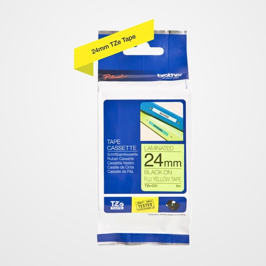 CINTA de ROTULAR BROTHER LAMINADA 5m 24mm NEGRO sobre AMARILLO FLUOR