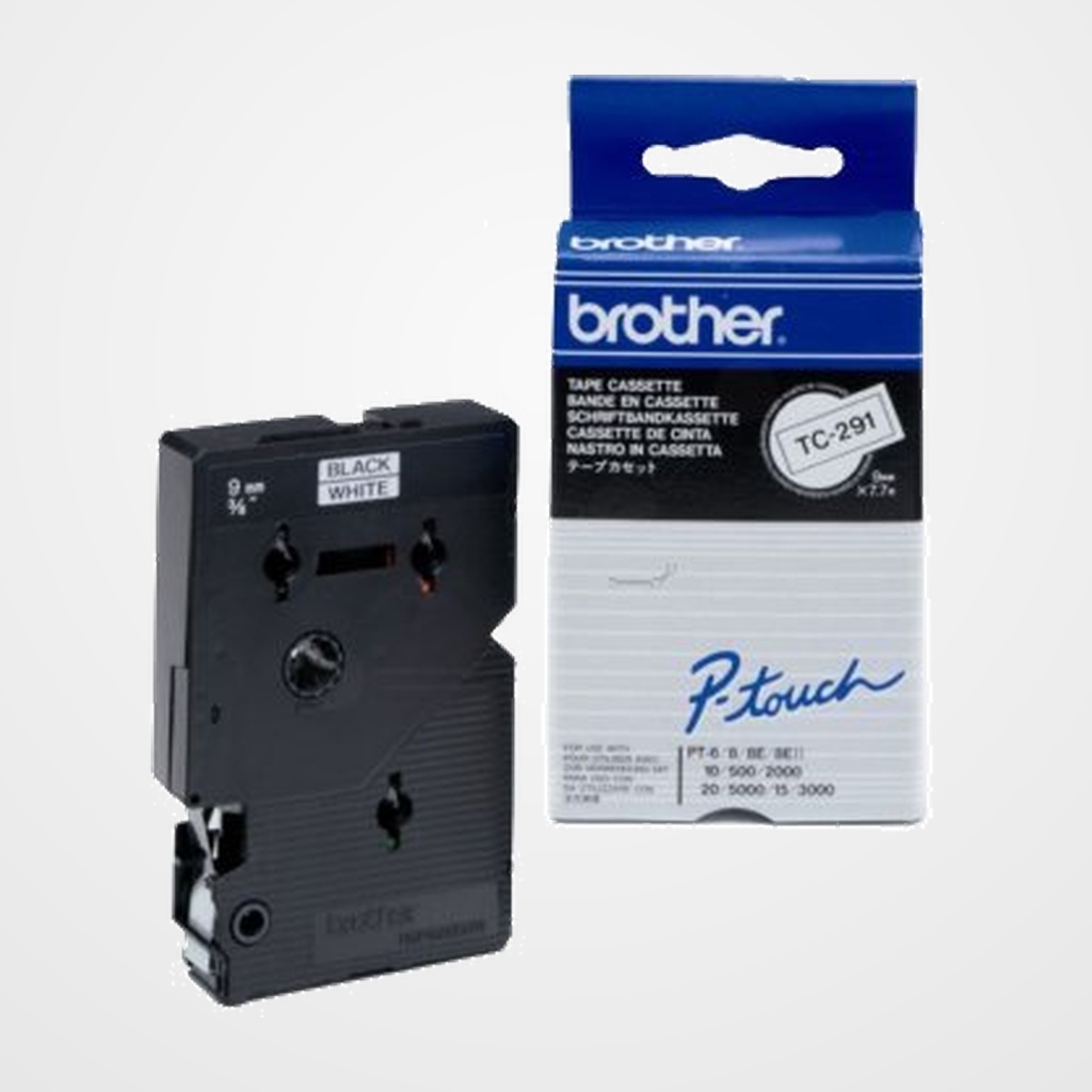 CINTA de ROTULAR BROTHER LAMINADA 7,7m 9mm  NEGRO sobre BLANCO