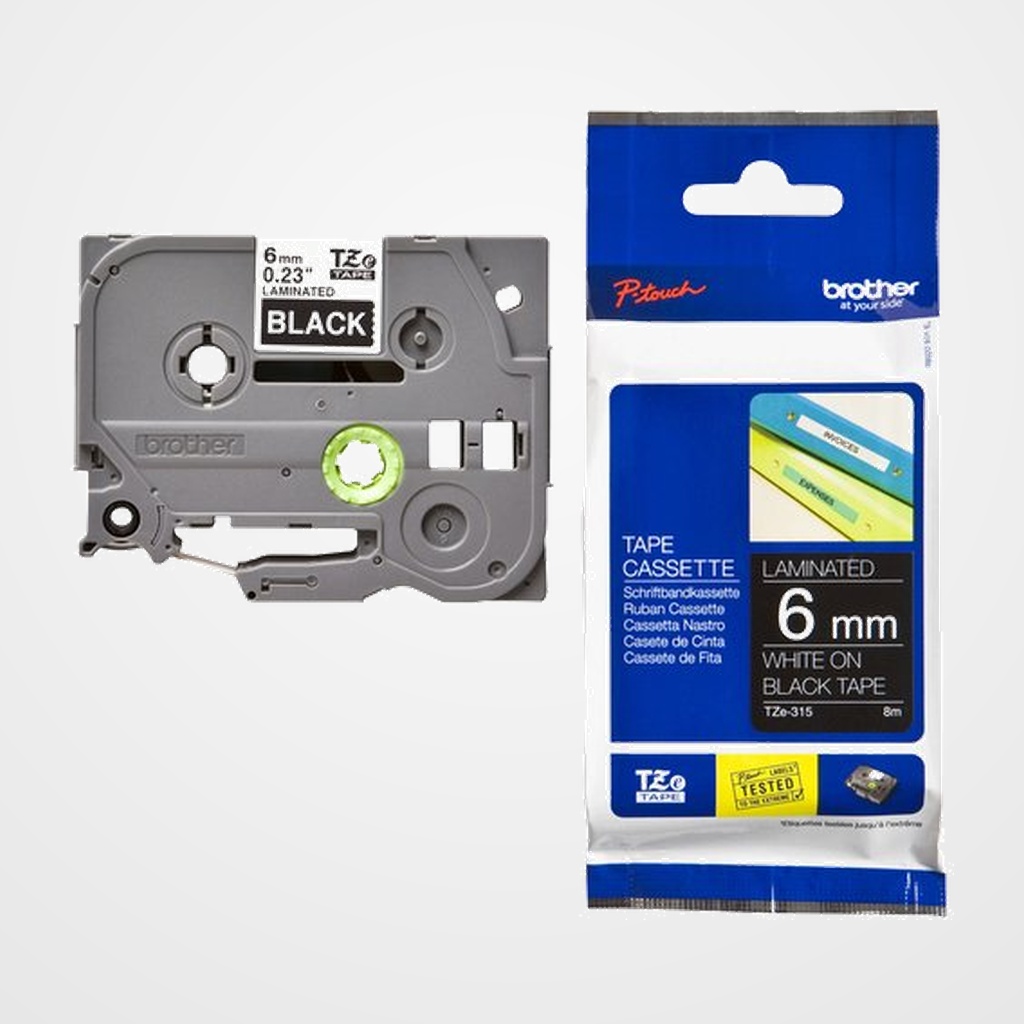 CINTA de ROTULAR BROTHER LAMINADA. 8m 6mm NEGRO sobre BLANCO