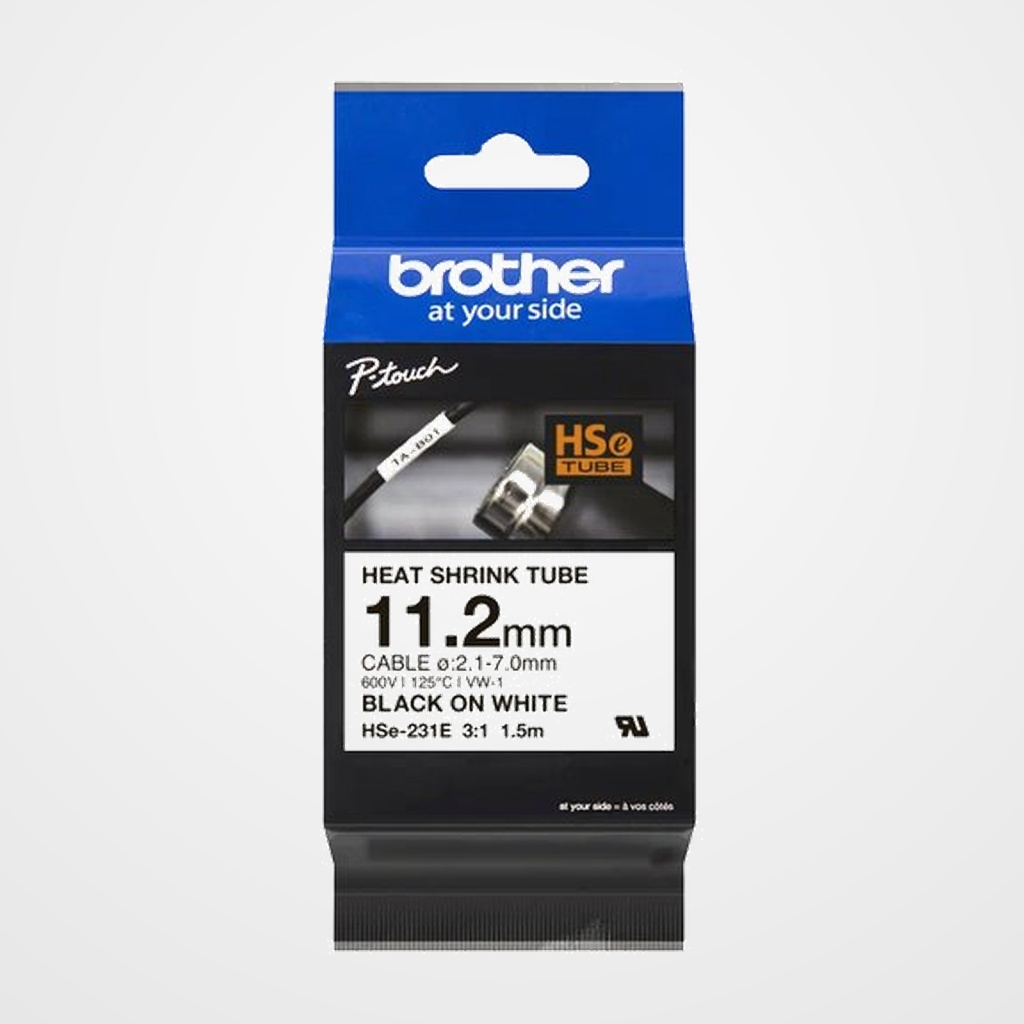 CINTA de ROTULAR BROTHER TUBULAR 1,5m  11,2mm NEGRO sobre BLANCO Solo para PT-E300VP y PT-E550WVP