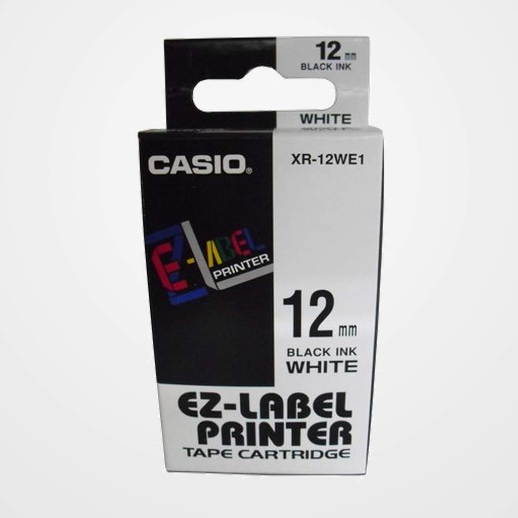 CINTA de ROTULAR CASIO 8m 12mm NEGRO sobre BLANCO (XR-12WE1)