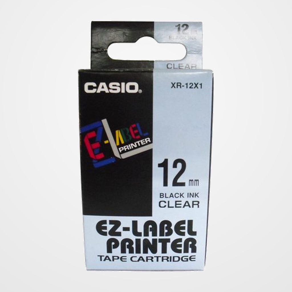 CINTA de ROTULAR CASIO 8m 12mm NEGRO sobre TRANSPARENTE (XR-12X1)