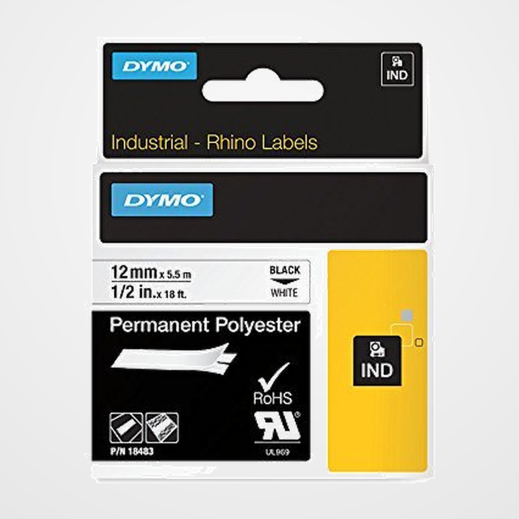 CINTA de ROTULAR DYMO RHINO ID1 POLYESTER 5,5m 12mm NEGRO sobre BLANCO (18483)