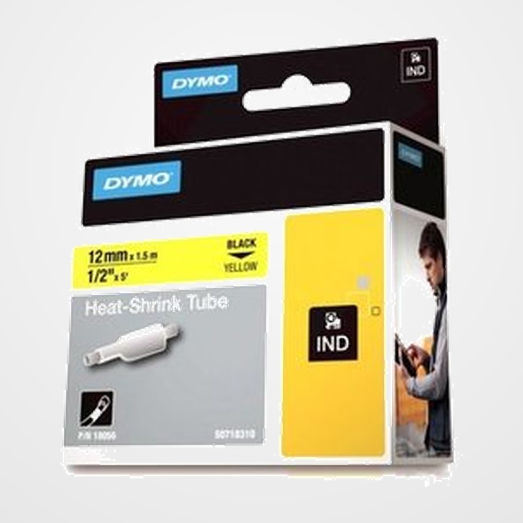 CINTA de ROTULAR DYMO RHINO ID1 TERMO RETRACTIL 1,5m 12mm NEGRO sobre AMARILLO (18056)