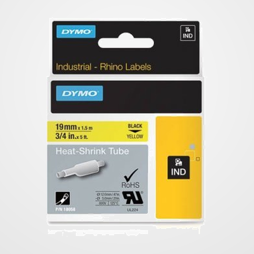 CINTA de ROTULAR DYMO RHINO ID1 TERMO RETRACTIL 1,5m 19mm NEGRO sobre AMARILLO (18058)