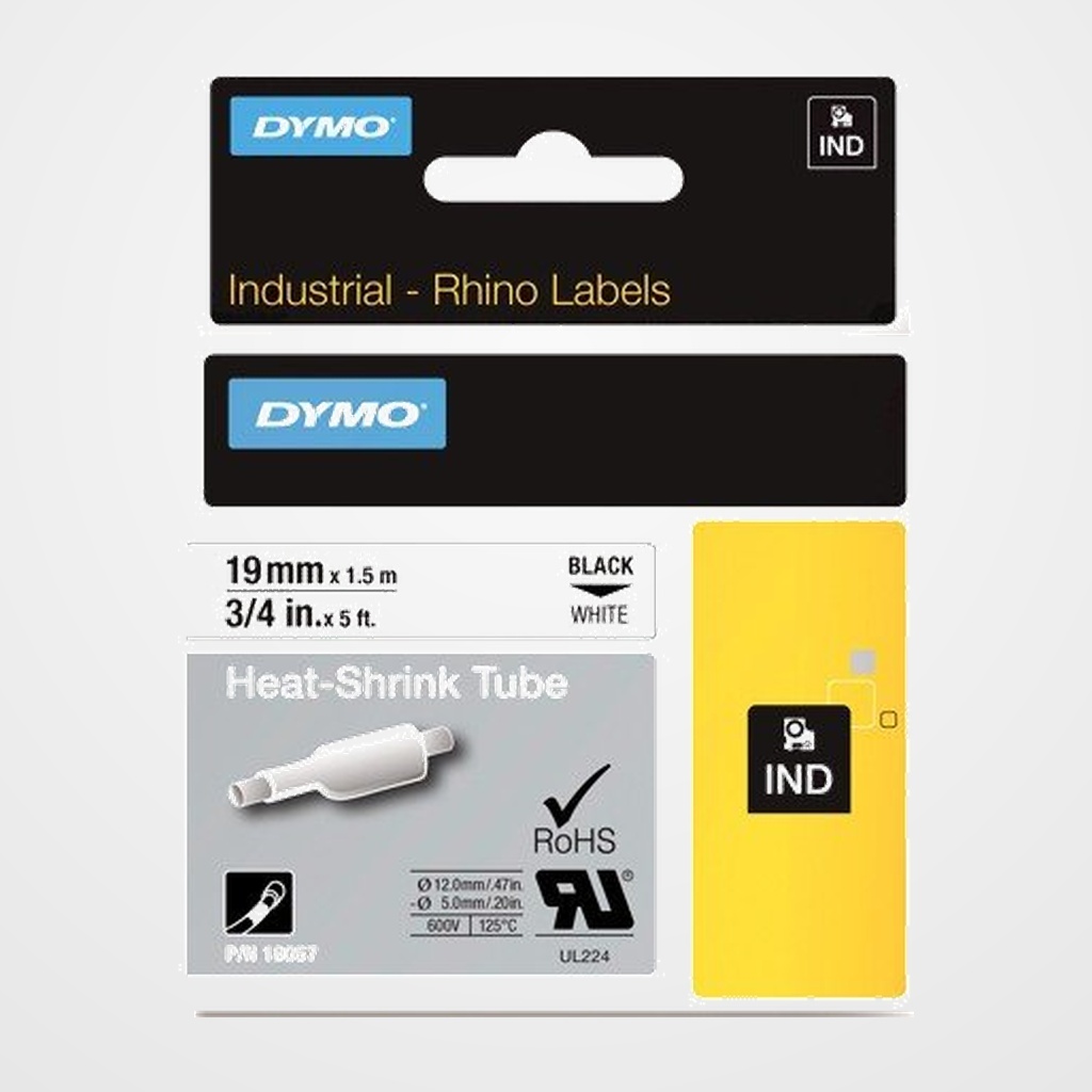 CINTA de ROTULAR DYMO RHINO ID1 TERMO RETRACTIL 1,5m 19mm NEGRO sobre BLANCO (18057)