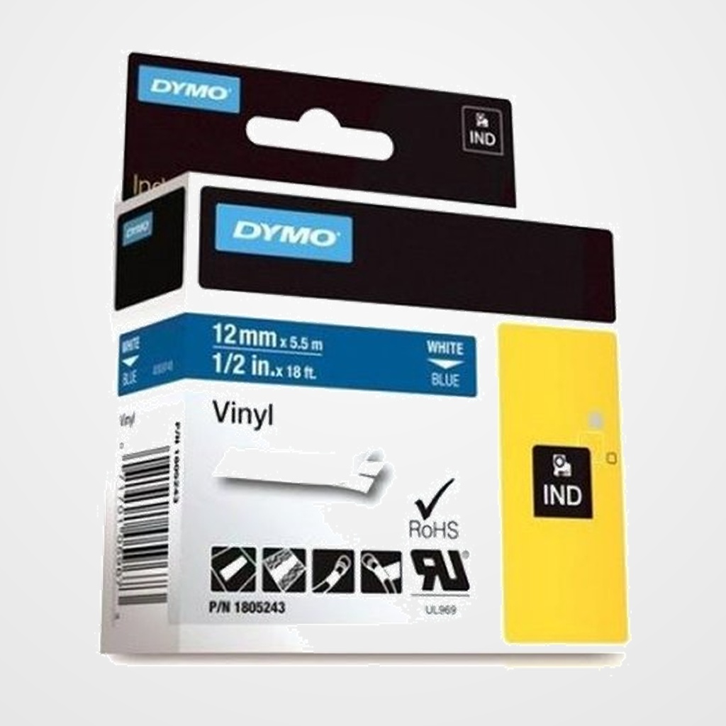 CINTA de ROTULAR DYMO RHINO ID1 VINILO 5,5m 12mm BLANCO sobre AZUL (1805243)