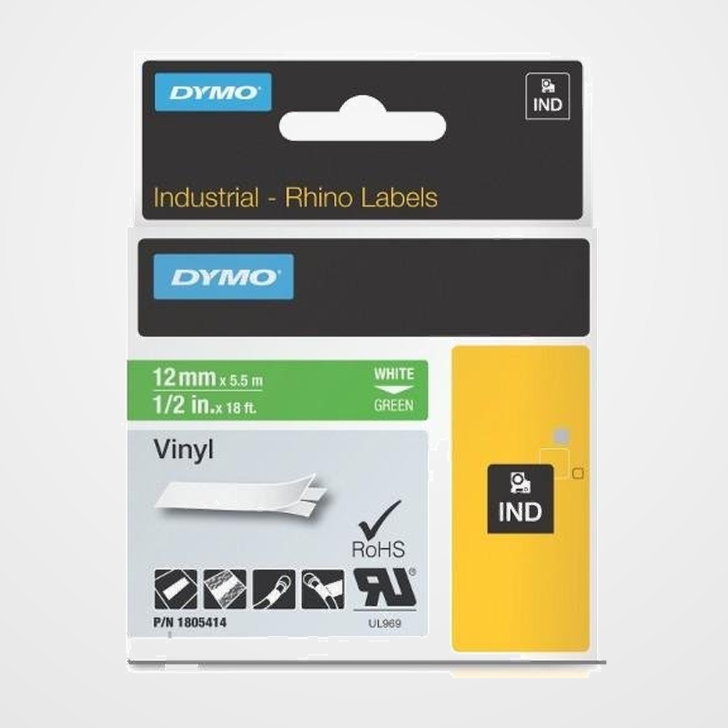 CINTA de ROTULAR DYMO RHINO ID1 VINILO 5,5m 12mm BLANCO sobre VERDE