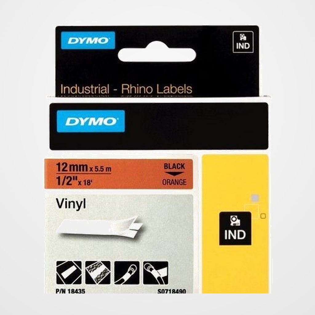 CINTA de ROTULAR DYMO RHINO ID1 VINILO 5,5m 12mm NEGRO sobre NARANJA (18435)