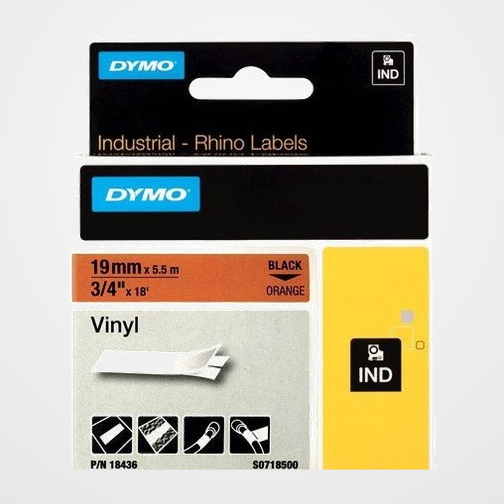 CINTA de ROTULAR DYMO RHINO ID1 VINILO 5,5m 19mm NEGRO sobre NARANJA (18436)