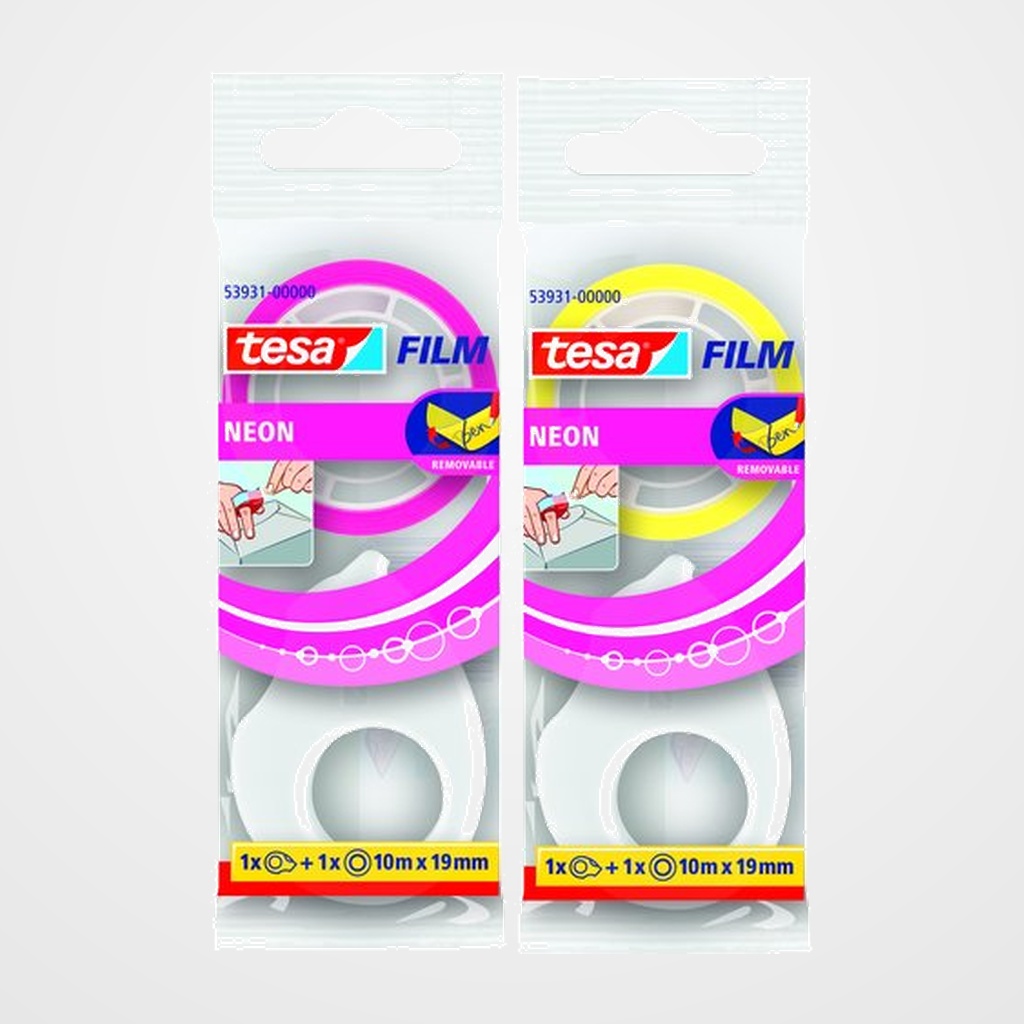 CINTA TESAFILM NEON SURTIDO rollo 10x19 con MINI PORTARROLLO