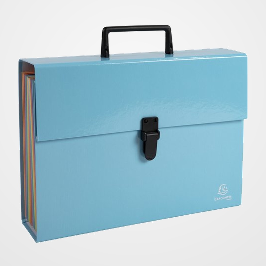 CLASIFICADOR ACORDEON EXACOMPTA AQUAREL Fº 18 DPTOS. MALETIN con ASA y CIERRE PLASTICO AZUL