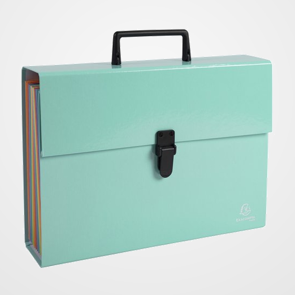 CLASIFICADOR ACORDEON EXACOMPTA AQUAREL Fº 18 DPTOS. MALETIN con ASA y CIERRE PLASTICO VERDE