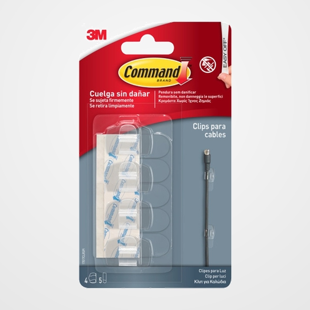 CLIPS PARA CABLES 3M COMMAND REDONDOS TRANSPARENTES(4 CLIPS-5 TIRAS)