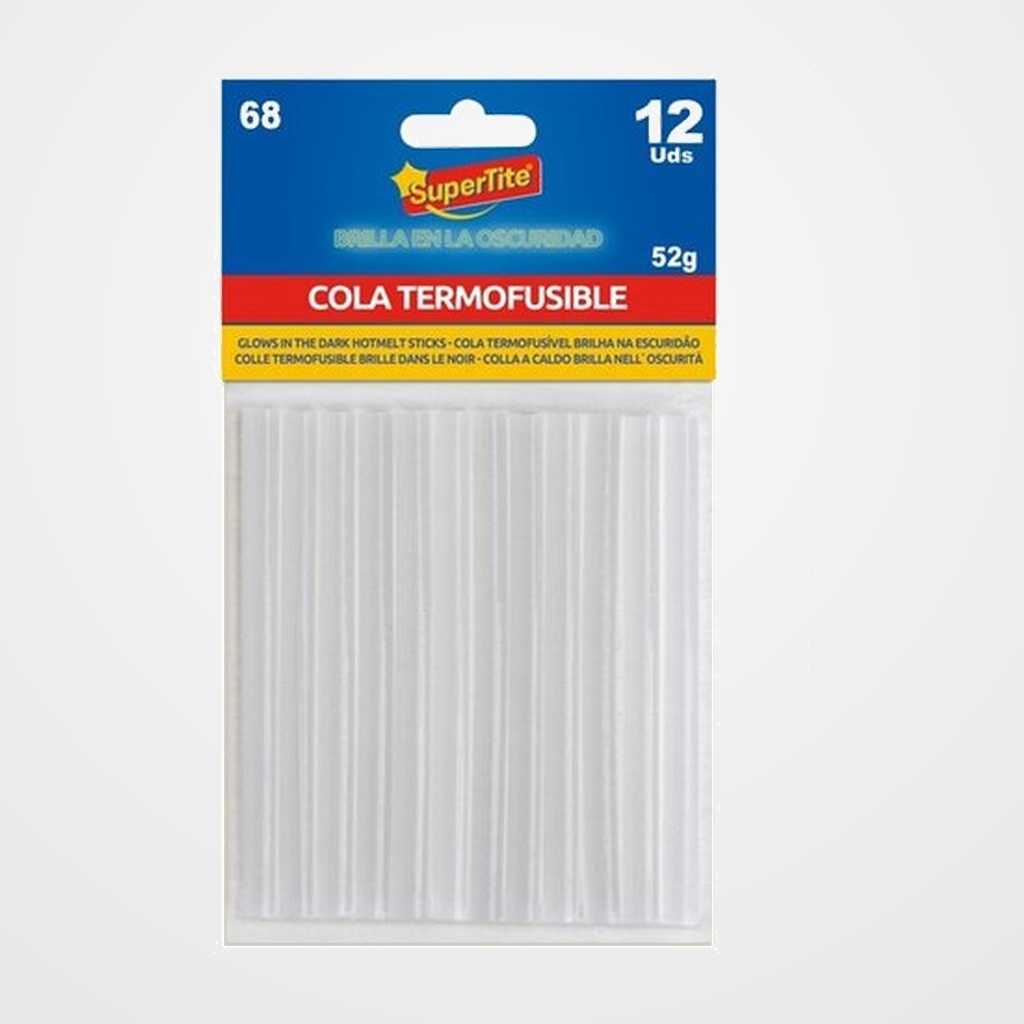 COLA TERMOFUSIBLE en BARRA SUPERTITE 7x100 mm. blister de 12 BRILLA EN LA OSCURIDAD