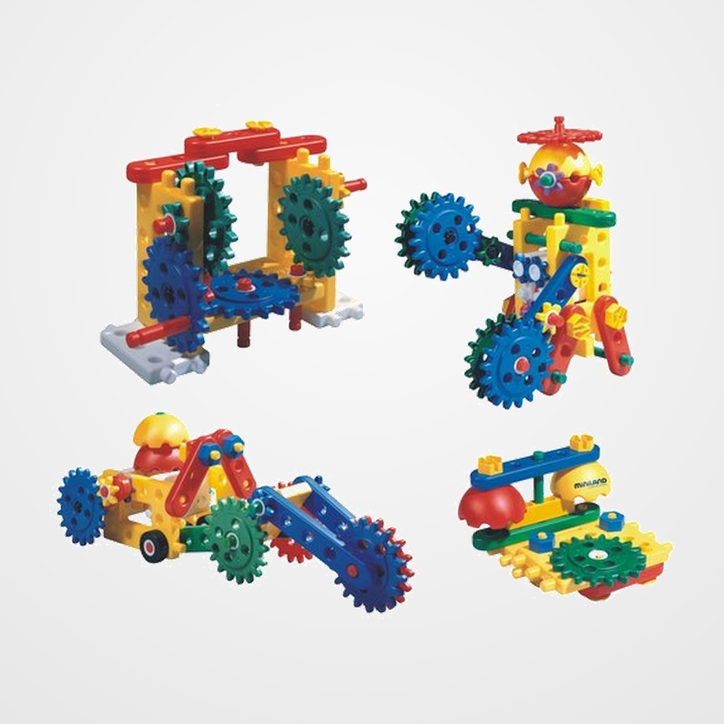 CONTENEDOR MINILAND DE 62 PIEZAS DE CONSTRUCCION Y ENGRANAJE