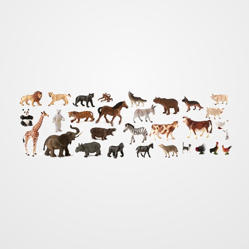 CONTENEDOR 30 FIGURAS ANIMALES DE LA GRANJA Y SALVAJES.