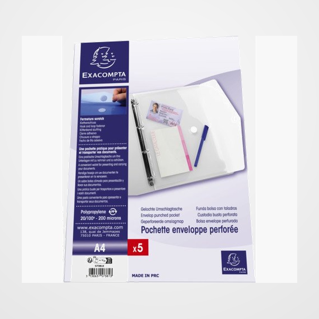 DOSIER SOBRE EXACOMPTA PP VELCRO A4 MULTITALADRO CRISTAL PAQUETE DE 5