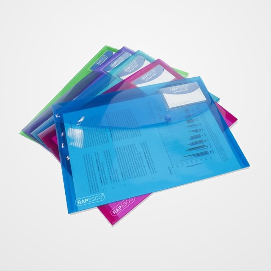 DOSIER SOBRE RAPESCO ECO PP TRANSLUCIDO BROCHE CON BOLSILLO PARA TARJETA A4 SURTIDO PACK de 5