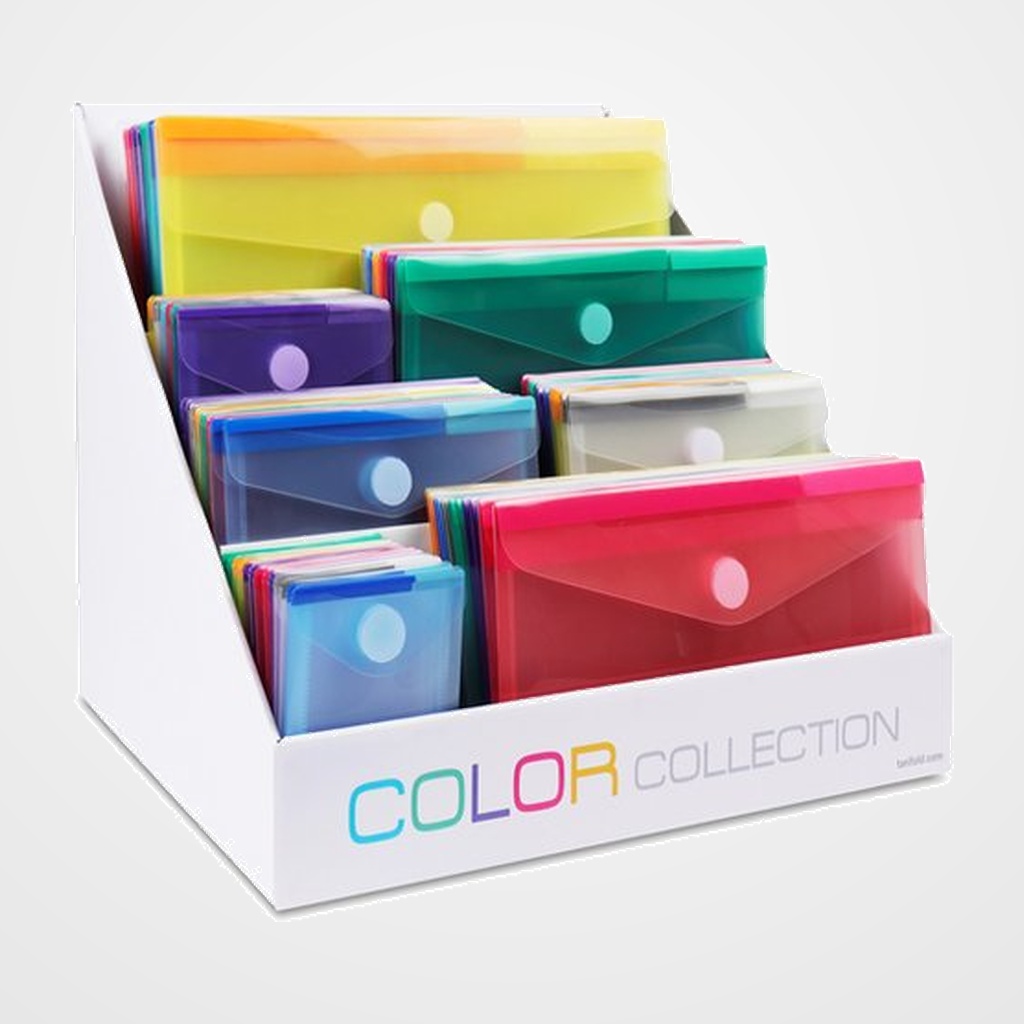 DOSIER SOBRE TARIFOLD COLOR COLLECTION PP SURTIDO EXPOSITOR de 84 12x A4 12x A5 12x A6 VERTICAL 24x A6 HORIZONTAL 12x A7 12x SOBRE