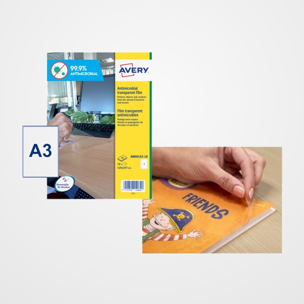 ETIQUETAS ADH.AVERY A3 POLYESTER ANTIBACTERIANA Y ANTIMICROBIANA REMOVIBLE CAJA 10h 420x297 mm 10 uds.(AM001A3)
