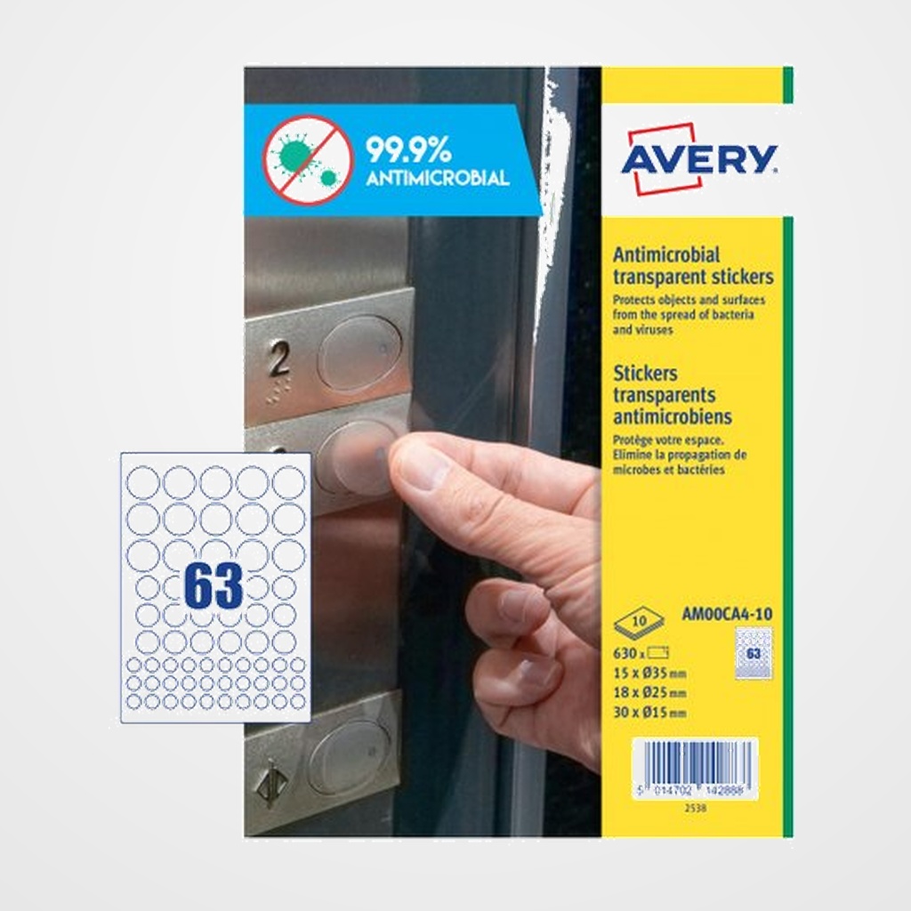 ETIQUETAS ADH.AVERY A4 POLYESTER ANTIBACTERIANA Y ANTIMICROBIANA REMOVIBLE CAJA 10h CIRCULOS SURTIDOS (3,5x3,5-2,5x2,5-1,5x1,5) 630 uds.(AM00CA4)