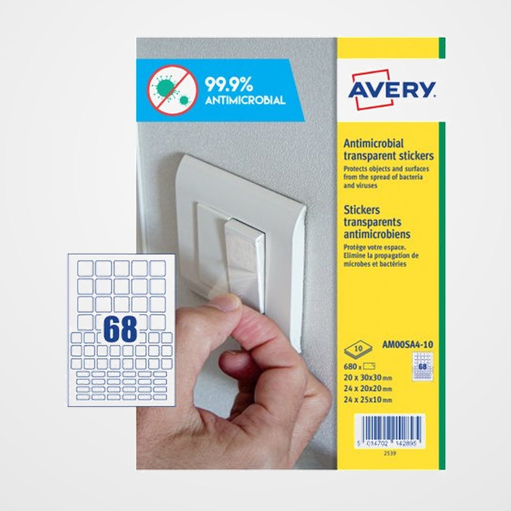 ETIQUETAS ADH.AVERY A4 POLYESTER ANTIBACTERIANA Y ANTIMICROBIANA REMOVIBLE CAJA 10h CUADRADOS SURTIDO (3x3-2x2-2x1,5) 680 uds.(AM00SA4)
