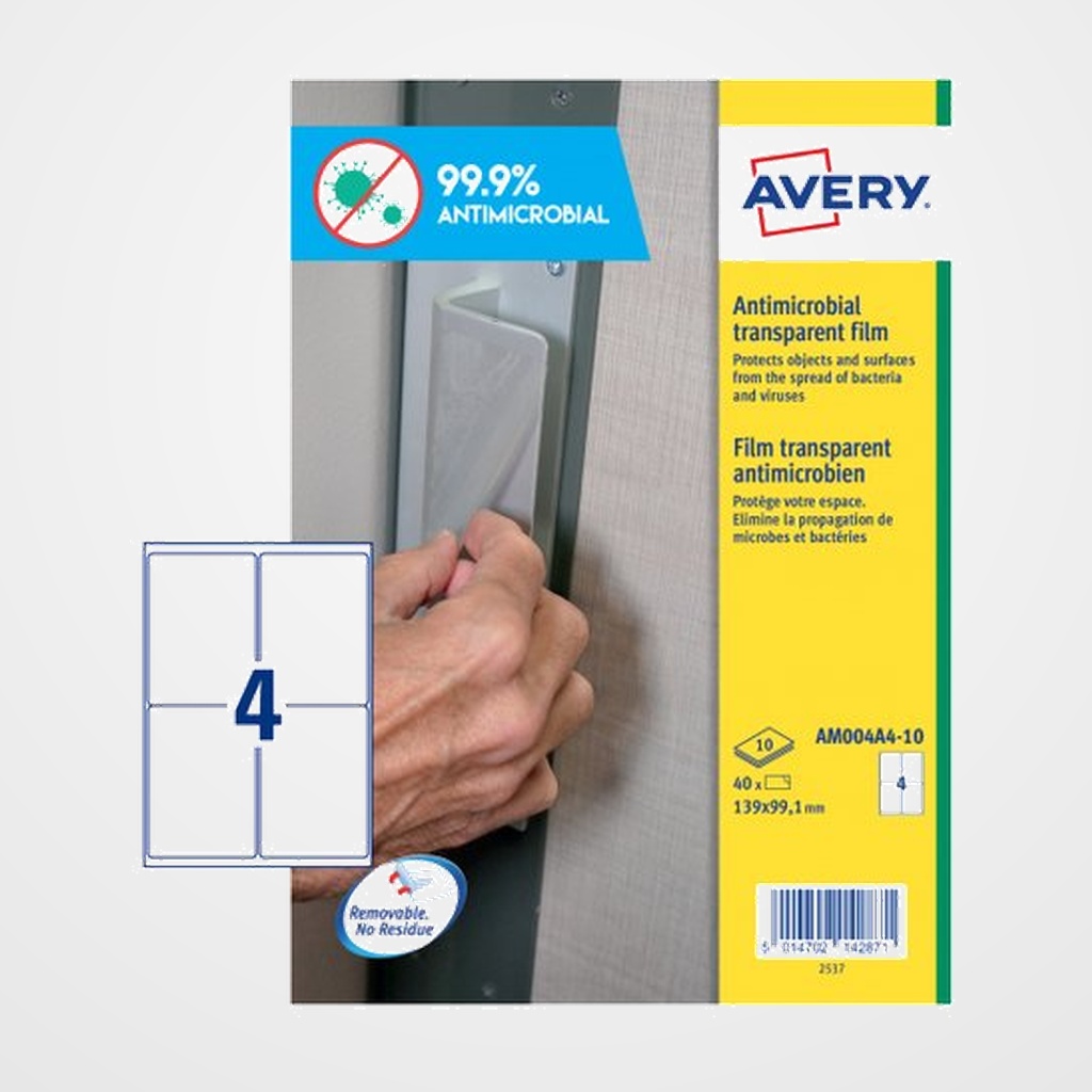 [40401486] ETIQUETAS ADH.AVERY A4 POLYESTER ANTIBACTERIANA Y ANTIMICROBIANA REMOVIBLE CAJA 10h 139x99,1 mm 40 uds.(AM004A4)