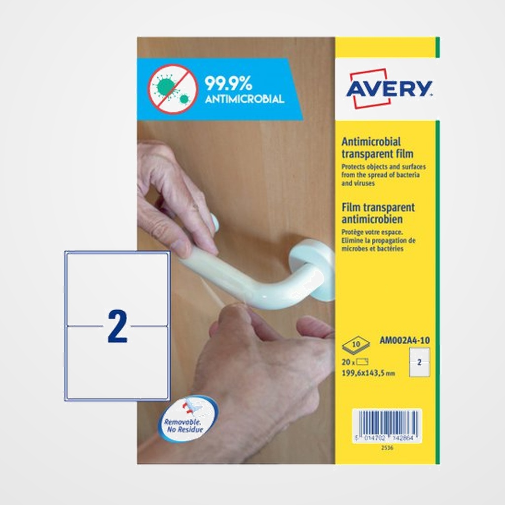 ETIQUETAS ADH.AVERY A4 POLYESTER ANTIBACTERIANA Y ANTIMICROBIANA REMOVIBLE CAJA 10h 199,6x143,5 mm 20 uds.(AM002A4)