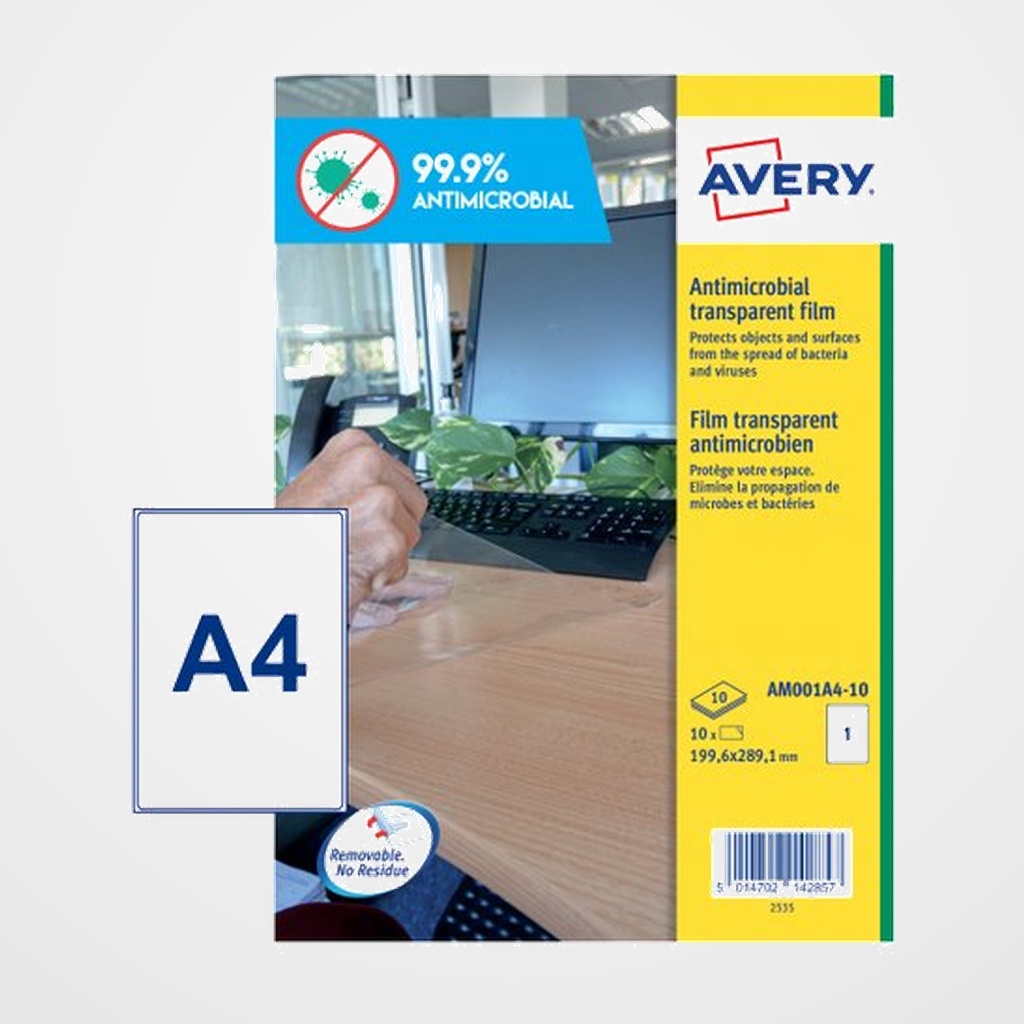 [40401484] ETIQUETAS ADH.AVERY A4 POLYESTER ANTIBACTERIANA Y ANTIMICROBIANA REMOVIBLE CAJA 10h 199,6x289,1 mm 10 uds.(AM001A4)