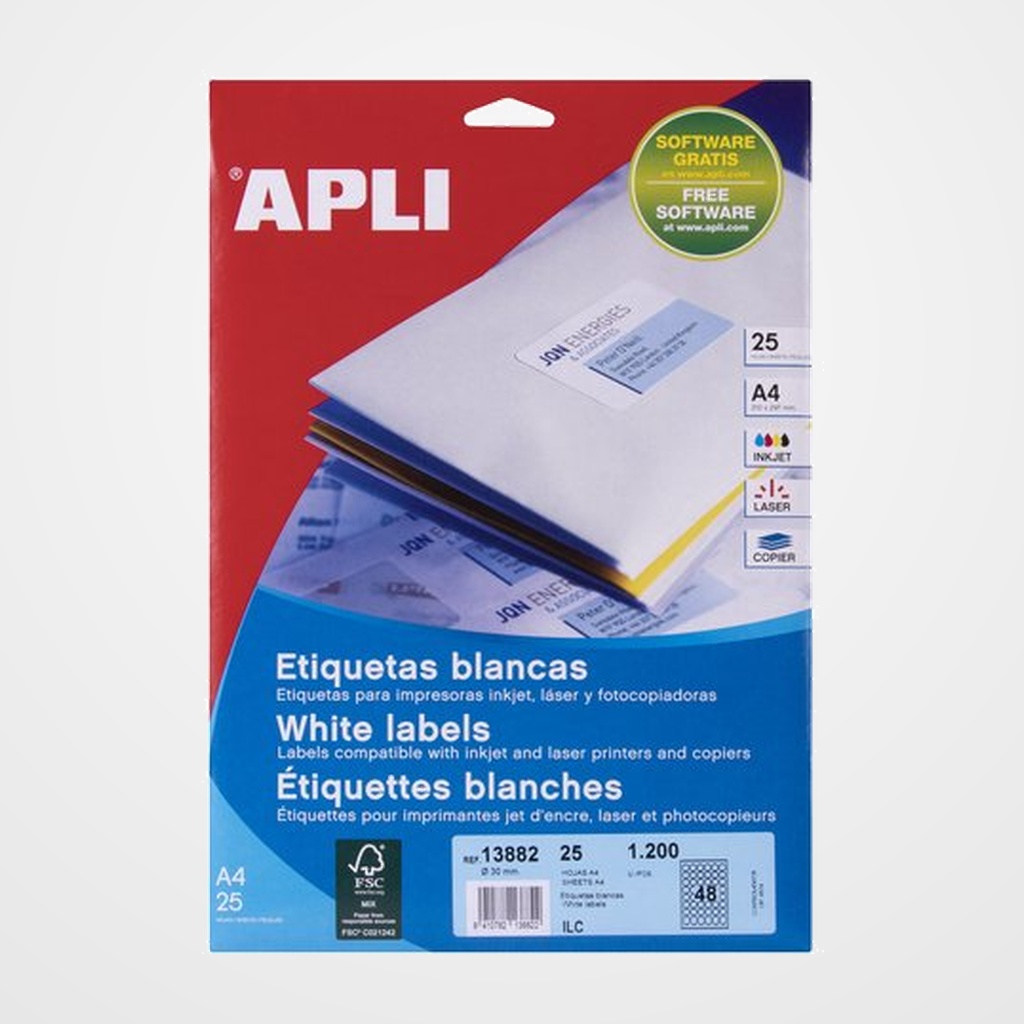 [40401052] ETIQUETAS ADH.IMPR.APLI A4 BLANCA BLISTER 25h CIRCULAR Ø 30 mm 1.200 uds.(13882)