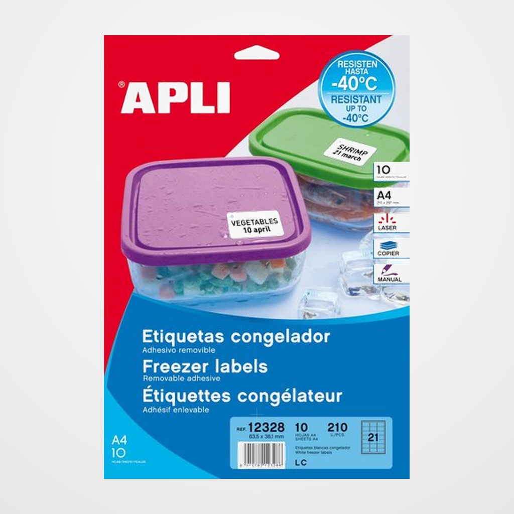 ETIQUETAS ADH.IMPR.APLI A4 BLANCA C.RECTOS REMOVIBLE ESPECIAL CONGELADOR CAJA 10h 63,5x38,1mm 210 uds.(12328)