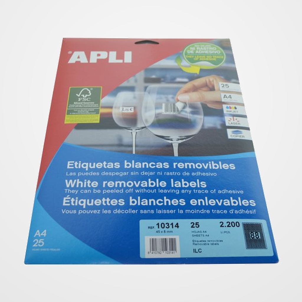 [40401187] ETIQUETAS ADH.IMPR.APLI A4 BLANCA C.ROMOS REMOVIBLE BLISTER 25h 45x8 mm JOYERIA 2.200 uds.(10314)