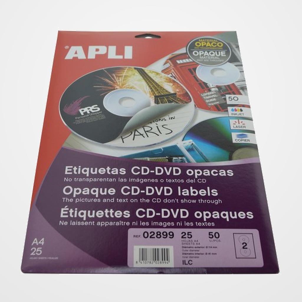 [40401139] ETIQUETAS ADH.IMPR.APLI A4 MULTIMED.CD-DVD CLASICA BLISTER 25h DORSO OPACO Ø ext.114 e int.41 mm 50 uds.(02899)