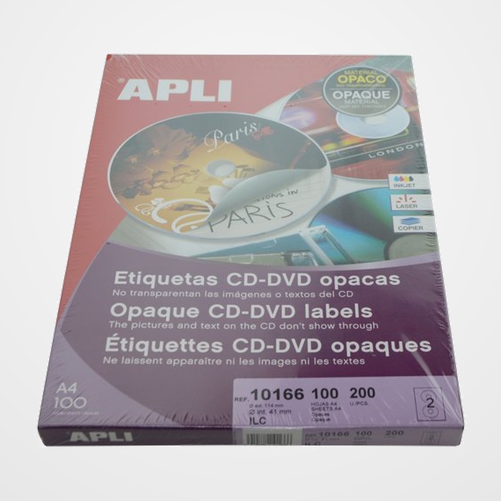 ETIQUETAS ADH.IMPR.APLI A4 MULTIMED.CD-DVD CLASICA CAJA 100h DORSO OPACO Ø ext.114 e int.41 mm 200 uds.(10166)