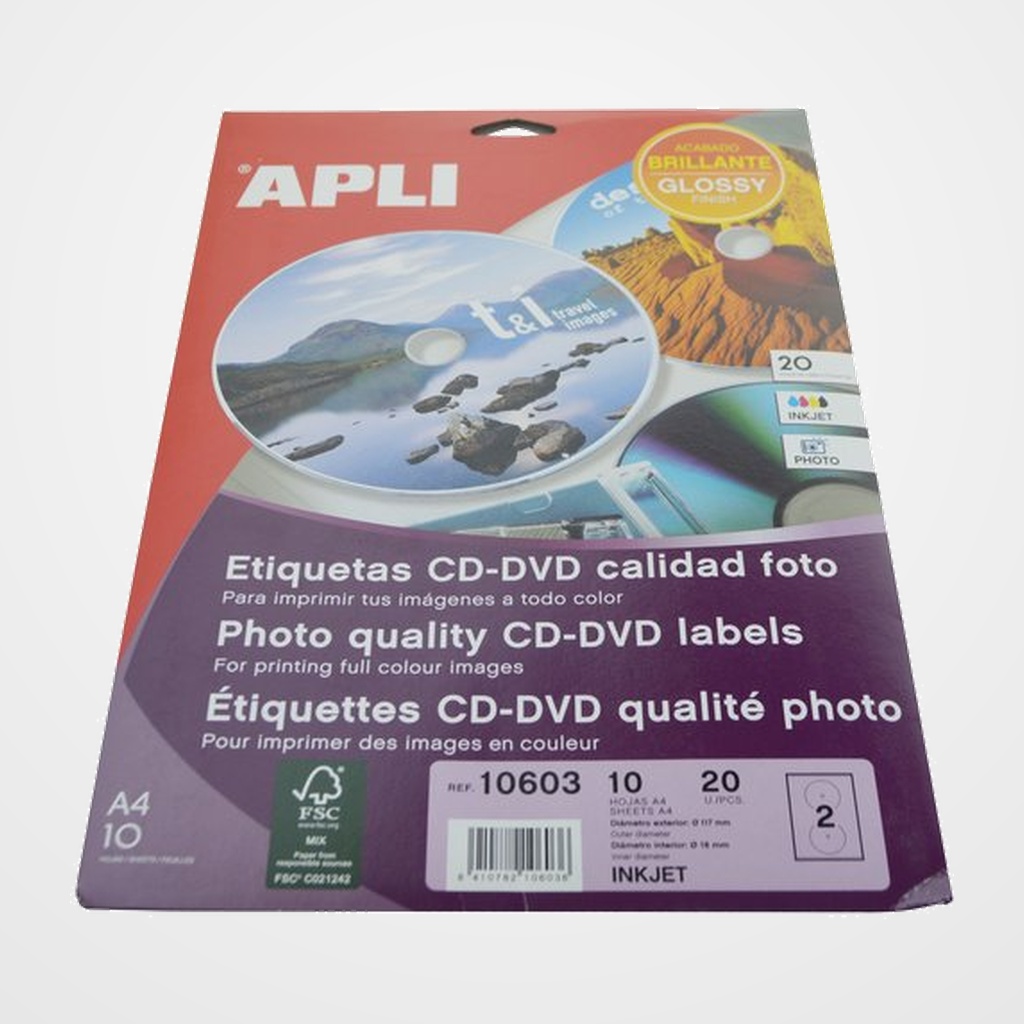 [40401096] ETIQUETAS ADH.IMPR.APLI A4 MULTIMED.CD-DVD MEGA BLISTER 10h INKJET BRILLO Ø ext.117 e int.18 mm 20 uds.(10603)