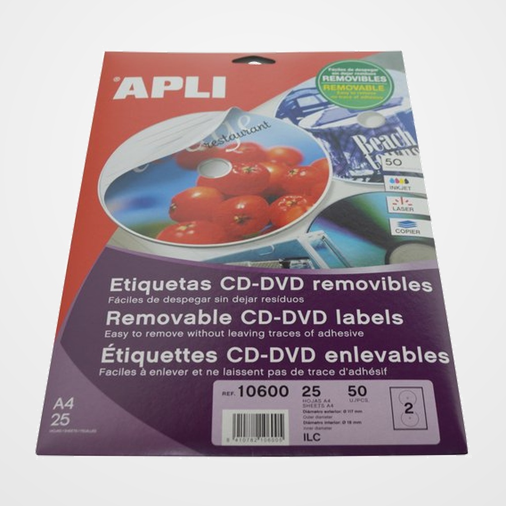 [40401152] ETIQUETAS ADH.IMPR.APLI A4 MULTIMED.CD-DVD MEGA BLISTER 25h REMOVIBLE MATE Ø ext.117 e int.18 mm 50 uds.(10600)
