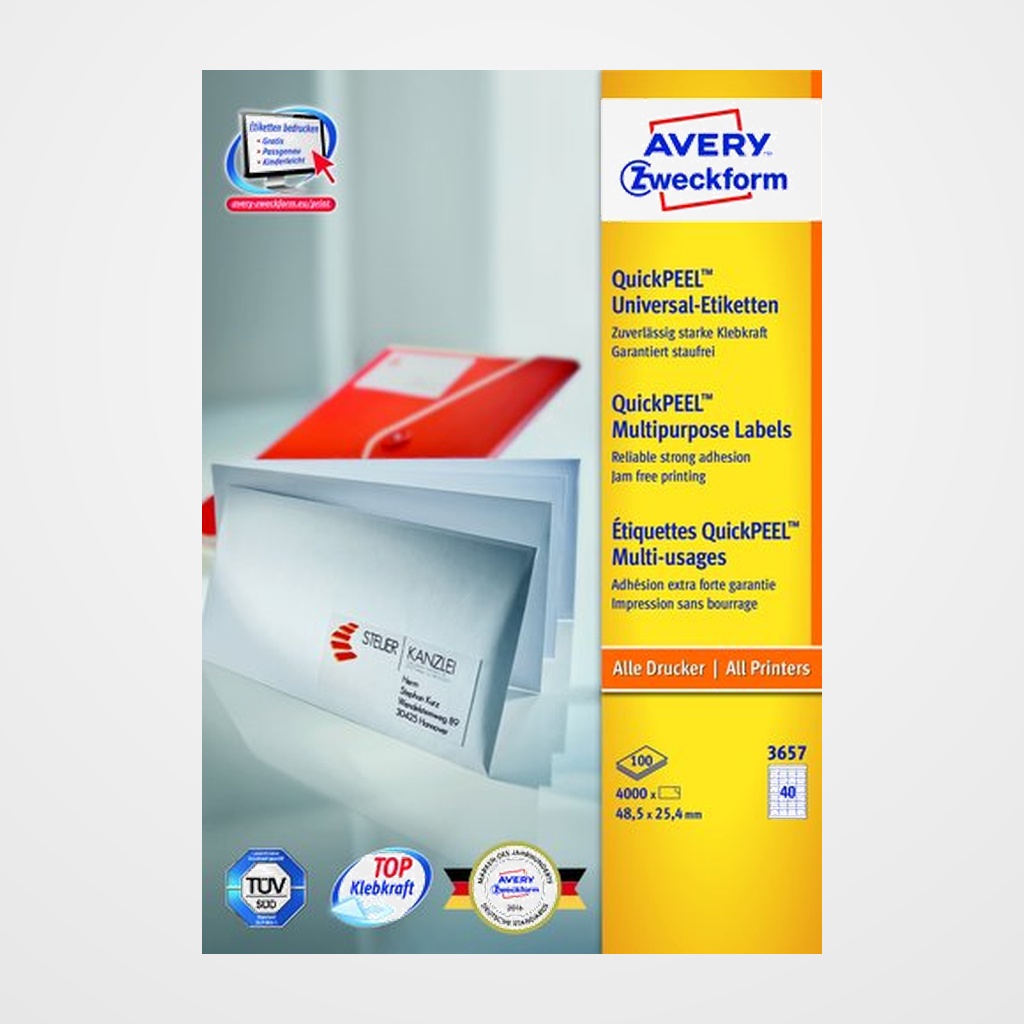 ETIQUETAS ADH.IMPR.AVERY A4 BLANCA C.RECTOS CAJA 100h  48,5x25,4 mm 4.000 uds.(3657)