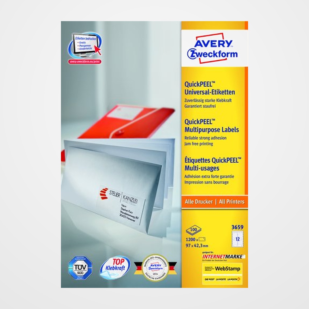 ETIQUETAS ADH.IMPR.AVERY A4 BLANCA C.RECTOS CAJA 100h  97x42,3 mm 1.200 uds.(3659)