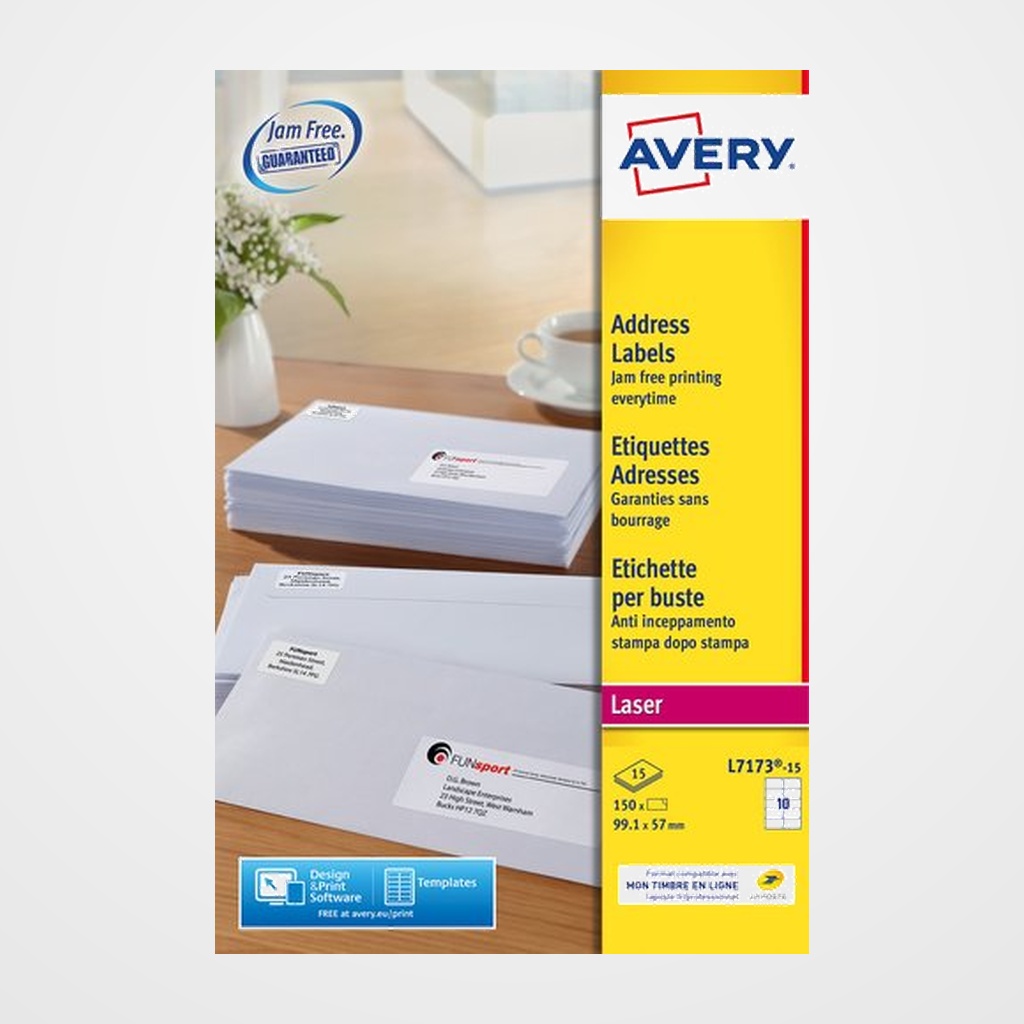 ETIQUETAS ADH.IMPR.AVERY A4 BLANCA C.ROMOS CAJA 15h  99,1x57 mm 150 uds.(L7173)