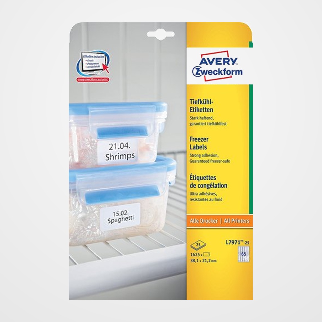 ETIQUETAS ADH.IMPR.AVERY A4 BLANCA ESPECIAL CONGELADOR C.ROMOS CAJA 25h 38,1x21,1 mm 1.625 uds.(L7971)