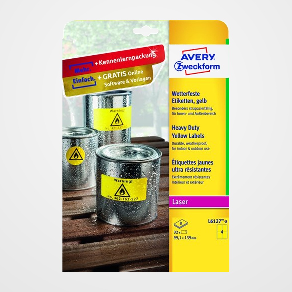 ETIQUETAS ADH.IMPR.AVERY A4 POLYESTER AMARILLO C.ROMOS LASER CAJA 8h 99,1x139 mm 32 uds.(L6127)