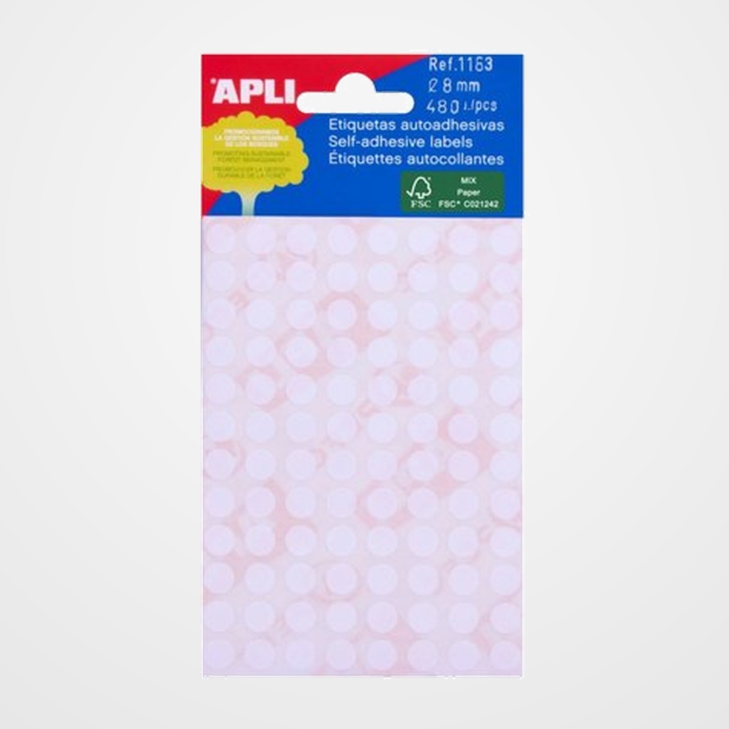 ETIQUETAS ADH.MANUALES BOLSA APLI MINI BLANCAS REDONDAS (5h) Ø  8 mm 480 uds.(01183)