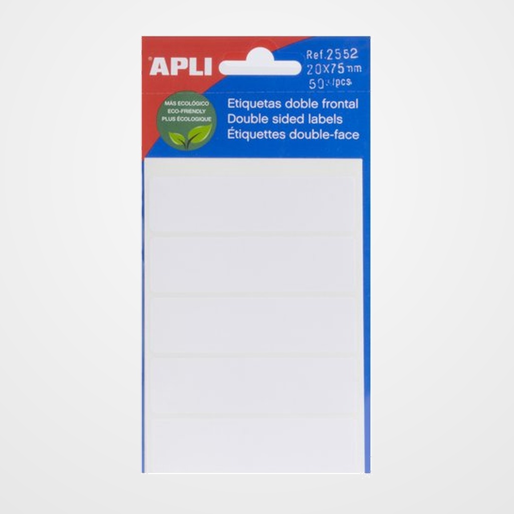 ETIQUETAS ADH.MANUALES BOLSA APLI DOBLE FRONTAL BLANCAS 5h 20x75 mm 50 uds.(02552)