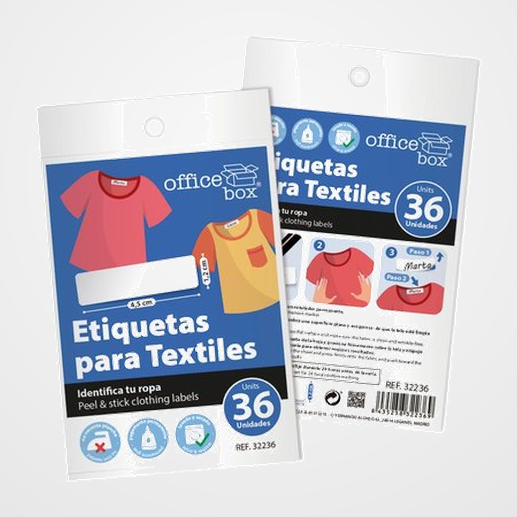 ETIQUETAS ADH.MANUALES BOLSA OFFICE BOX TEXTIL IDENTIFICA TU ROPA 45x12 mm 36 uds.