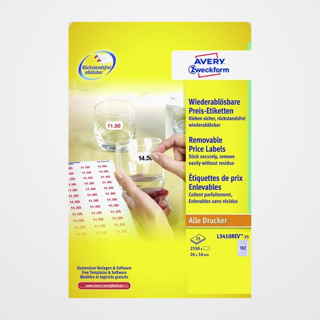 ETIQUETAS de PRECIOS AVERY ADH.REMOVIBLE A4 BLANCA CAJA 25h 26x16 mm 2.550 uds.(L3410REV)