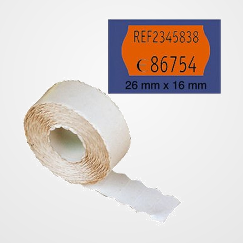 ETIQUETAS de PRECIOS PRYSE ADH.REMOVIBLE 26x16 mm ONDA NARANJA FLUOR ROLLO 1.000 uds.