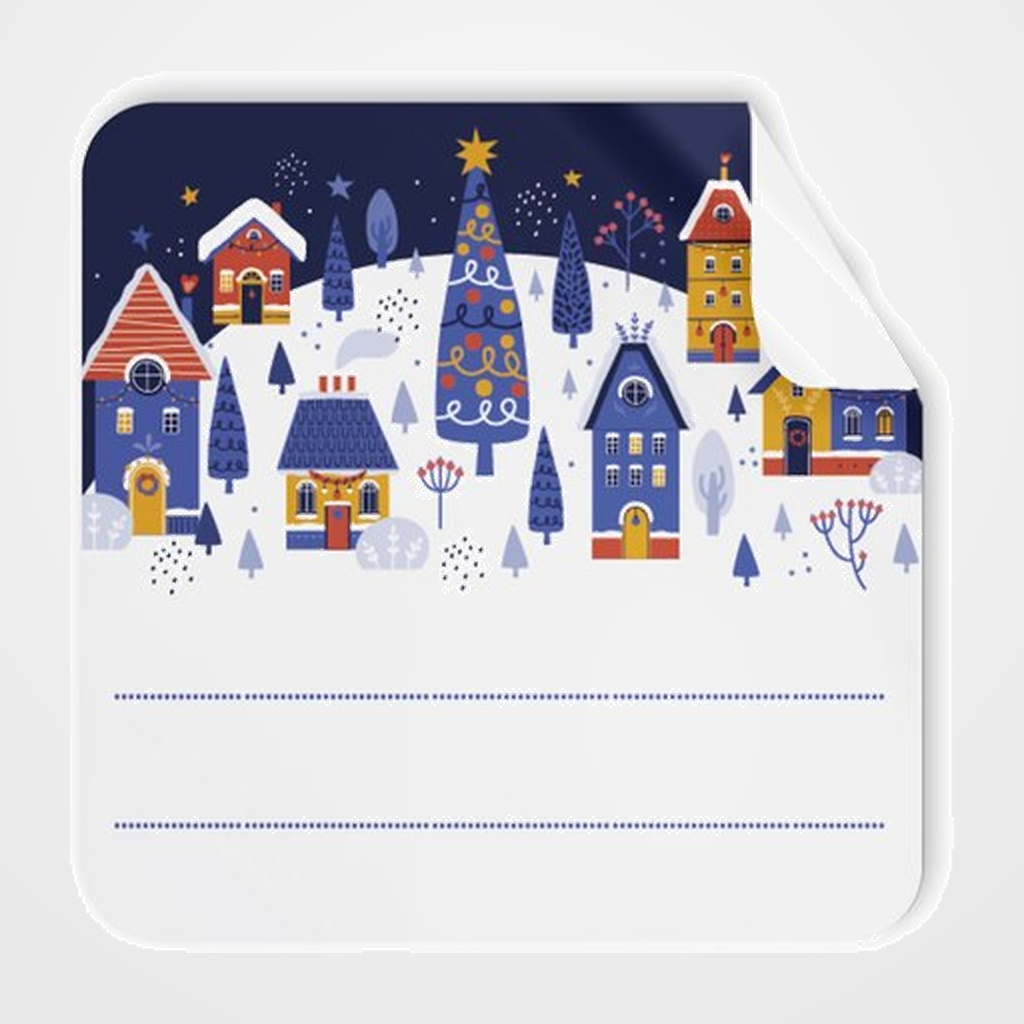 ETIQUETAS REGALO ADH. ROLLO  250 uds. CUADRADAS 40x40 NAVIDAD  PUEBLO   DEDICATORIA