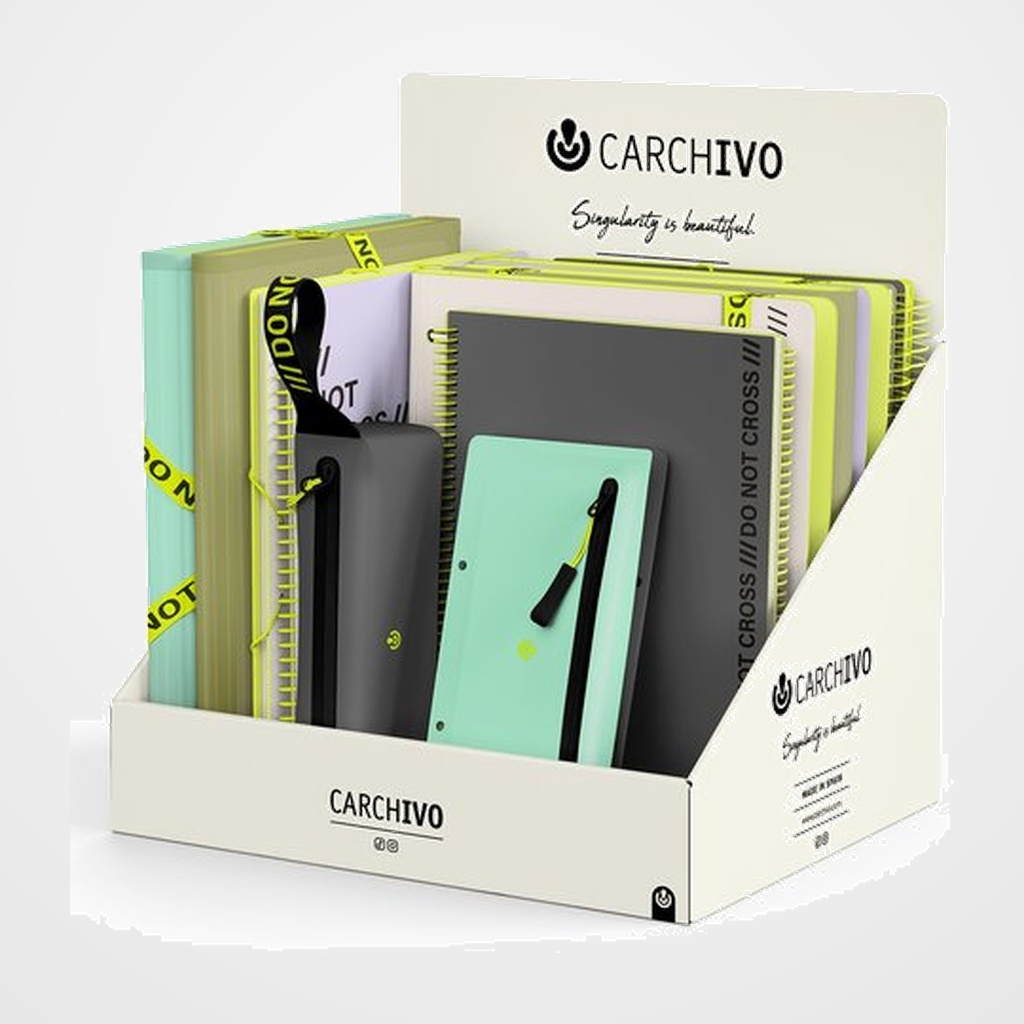 EXPOSITOR CARCHIVO DO NOT CROSS GAMA SURTIDO DE 17 3x CARPEBLOC 360 2x ACORDEON 13 DPTOS. 2x PORTATODO SLIM CASE 1x PORTATODO THE ONE CASE BLACK 4x TARIFARIO 40 FUNDAS 5x BLOCK 100h CD.5