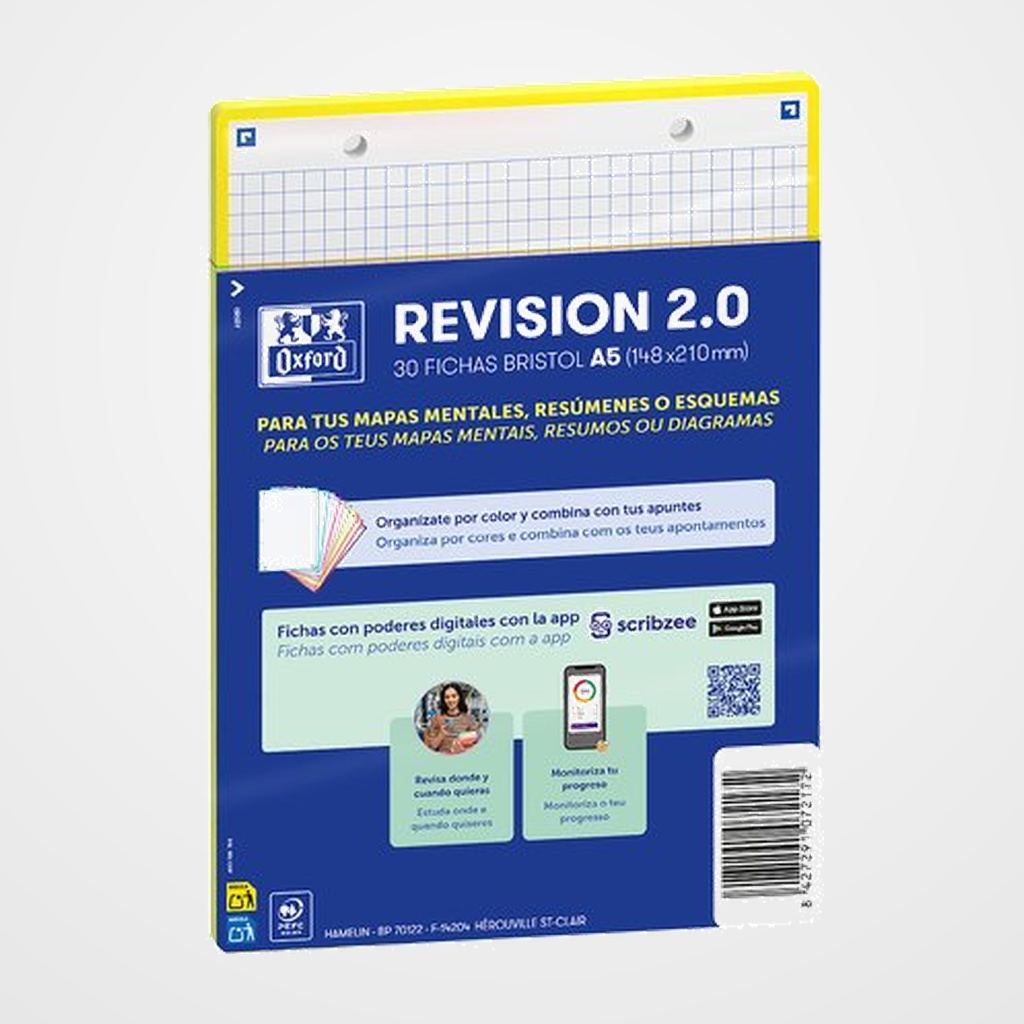 FICHAS OXFORD REVISION 2.0 COLOR CUADRIC.5x5 210x148mm (A5) AMARILLO paquete de 30